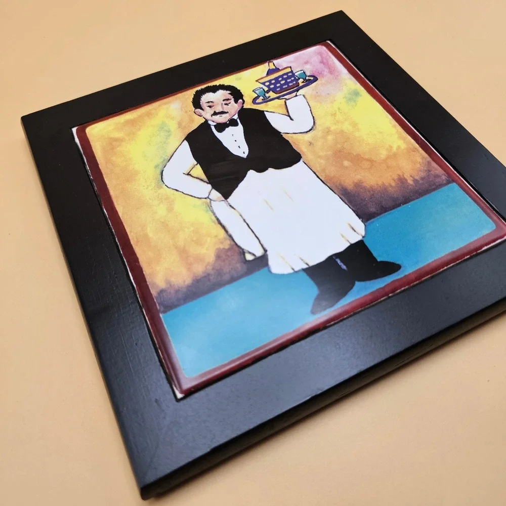 Charming Waiter Serving Tray Tile‎ Art Framed Wall Decor